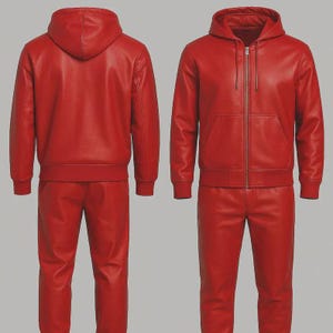 May include: A red leather tracksuit, featuring a hooded zip-up jacket and matching pants. The jacket has a front pocket and ribbed cuffs and hem. The tracksuit is made of a smooth, shiny material.