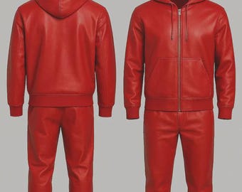 Chándal de cuero rojo premium para hombre - Estilo jogging Chándal de cuero Brayden para hombre - Sudadera con capucha de cuero estilo rojo
