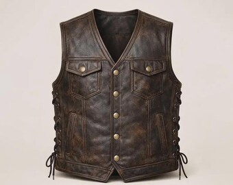 Colete de couro preto vintage para motociclista masculino – Colete de motociclista feito à mão – Colete clássico de motociclista do Velho Oeste