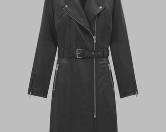 Gabardina motera de piel de cordero negra para hombre – Abrigo largo motero