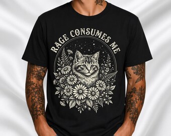 Rage Consumes Me cat surrounded by sunflowers T-shirt | gothic floral tee
