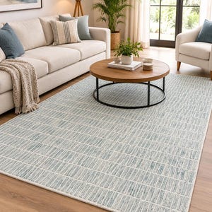 Alfombra azul marfil claro, alfombra geométrica moderna, alfombra texturizada para sala de estar, alfombra minimalista para dormitorio, decoración contemporánea neutra para el hogar.