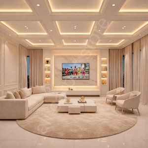 May include: A modern living room with a beige sectional sofa, two armchairs, and a round rug. The room features a marble accent wall with a TV and recessed lighting in the ceiling. The color scheme is neutral with warm tones.