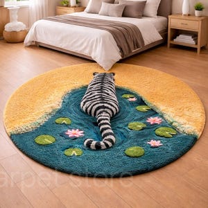 Alfombra moderna hecha a mano con mechones. Alfombra con diseño de estanque de tigre, alfombra con diseño de animales en 3D, alfombra redonda inspirada en la naturaleza, alfombra única y llamativa, alfombra personalizada.