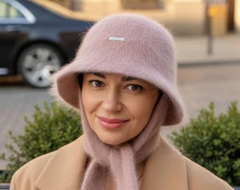 Beige knitted angora women's panama hat Soft bucket hat for women