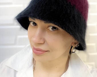 Women's black and red knitted angora panama hat Soft bucket hat for women