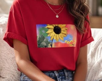 Sonnenblume Grafik-T-Shirt, buntes Aquarell Blumenkunst T-Shirt, Unisex Sommer Casual Outfit Shirt