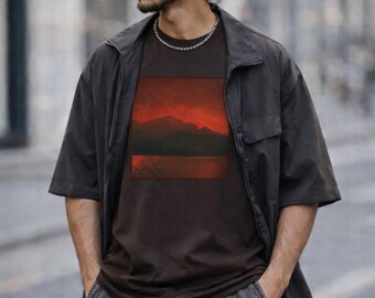 Rot Berg Sonnenuntergang Landschaft Grafik T-Shirt, Unisex Streetwear Urban Art Tee