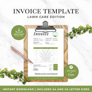 May include: A printable invoice template for lawn care businesses. The design features a clipboard with a printed invoice, a rose gold pen, and green accents. The text includes "Invoice Template", "Lawn Care Edition", and "Instant Download".