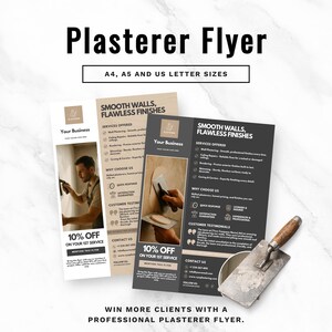 Op de afbeelding: Een digitaal sjabloon voor een stukadoorsflyer met de tekst Plasterer Flyer, A4, A5 and US Letter sizes, Smooth Walls, Flawless Finishes en 10% off on your 1st service. Het ontwerp bevat een metalen pleisterspaan met een houten handvat.