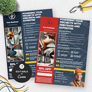 May include: Two flyers for an electrical services business. The flyers feature images of electricians working, service lists, and a 10% off promotion. The flyers are navy blue and red with white text and graphics.