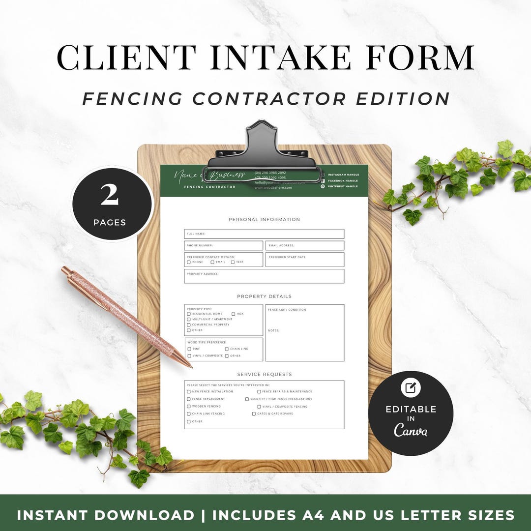 Fencing Contractor Client Intake Form Template, Fence Installation Job ...