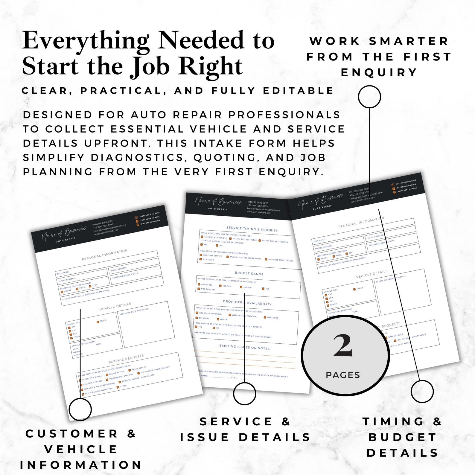 Vehicle Intake Form Example Auto Repair Client Intake Form, Mechanic Job Details & Vehicle Service ...