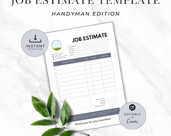 May include: A digital job estimate template for handymen featuring a clean layout with fields for customer details, description, quantity, price, and totals. The document includes a logo placeholder, text reading "JOB ESTIMATE," and "Thank you for your business."