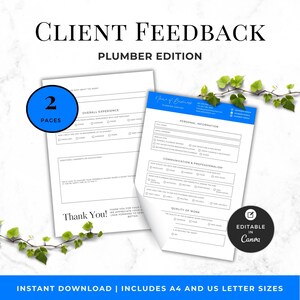 May include: A two-page client feedback form for plumbing services with a blue header, sections for personal information, communication, and quality of work. The document includes checkboxes for ratings and text fields for comments, labeled as Plumber Edition.