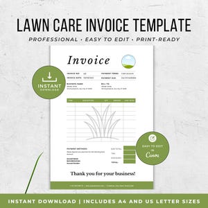 May include: A printable lawn care invoice template with a green and white design. The invoice includes fields for item descriptions, quantities, and totals. Text on the template includes "Instant Download" and "Easy to Edit in Canva."