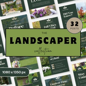 Könnte beinhalten: Eine Sammlung von Social-Media-Beiträgen für ein Landschaftsbauunternehmen. Das zentrale Bild zeigt ein grünes Banner mit dem Text "The Landscaper Collection". Umgebende Bilder zeigen Gartendesigns, Tipps und Werbeangebote. Das Bild ist 1080 x 1350 px groß.