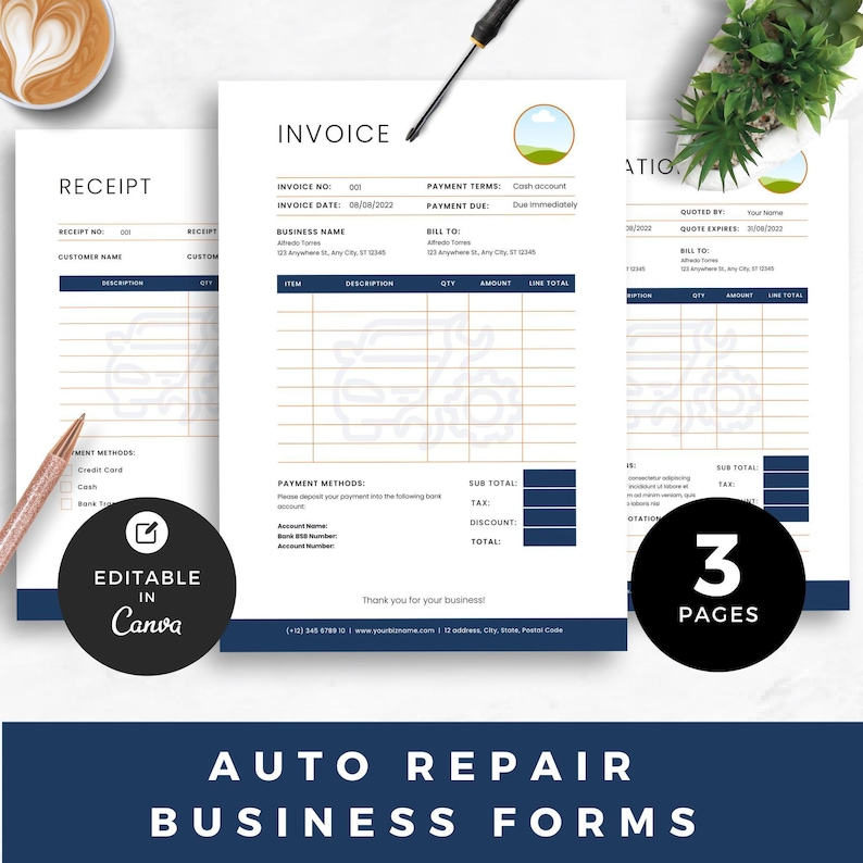 Auto Repair Business Forms Bundle, Editable Quote Invoice and Receipt ...
