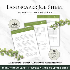 Peut inclure: Un modèle de bon de travail pour les paysagistes, avec un design vert et blanc. La feuille comprend des sections pour la référence du travail, les informations client, l'adresse du service et les détails du travail. Les mots "Téléchargement instantané" et "Modifiable dans Canva" sont également visibles.