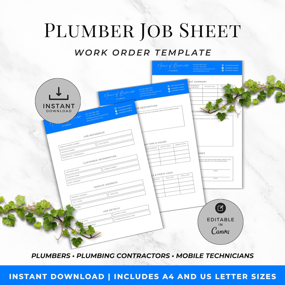 Plumber Job Sheet Work Order Template, Plumbing Service Form, Editable ...