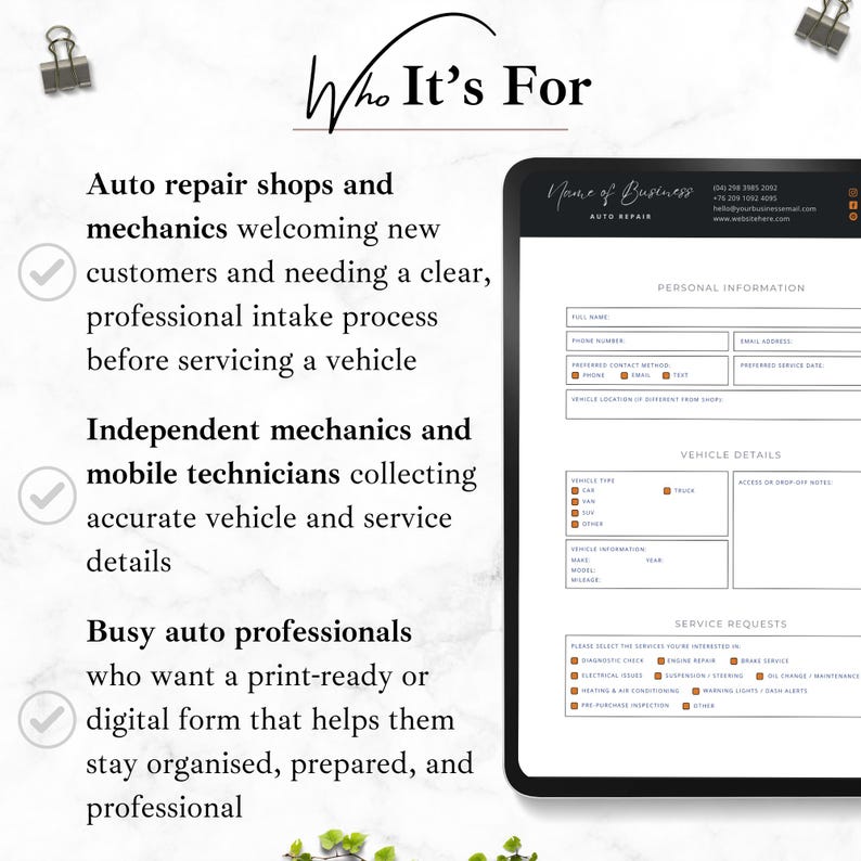 Vehicle Intake Form Example Auto Repair Client Intake Form, Mechanic Job Details & Vehicle Service ...