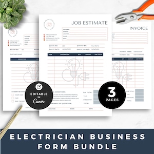 May include: A three-page electrician business form bundle featuring a job estimate and invoice template. The white documents include black text, orange accents, and a light bulb icon. The forms contain fields for customer details, item descriptions, and payment terms.