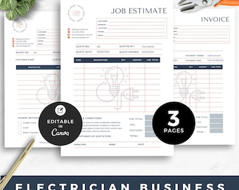 Formularios comerciales de electricista, plantilla de presupuesto de trabajo para electricista, presupuesto de servicio eléctrico editable para cotización de electricista, Canva