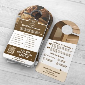 May include: Door hanger for CraftPro Carpentry, featuring a brown and white design with the company logo and services listed. Includes a QR code and contact information. The back side has customer testimonials.