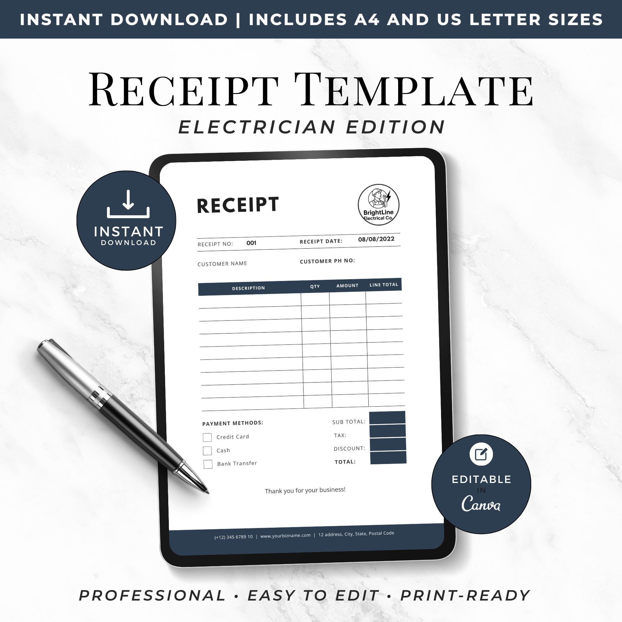 Electrician Receipt Template, Editable Canva Receipt, Electrical ...