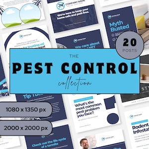 Op de afbeelding: Een verzameling van 20 social media posts over ongediertebestrijding. De centrale afbeelding toont een lichtblauwe banner met de tekst "THE PEST CONTROL collection". Andere posts bevatten tekst zoals "Myth Busted" en "We're here to keep your home safe and pest-free."
