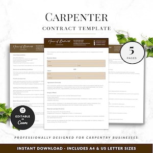 Carpenter Contract Template, Editable Canva Agreement, Construction Service Contract, Contractor Client Terms, Small Business Form
