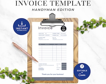 Invoice Template Canva, Handyman Invoice Template for Small Business, Editable Contractor Service Invoice