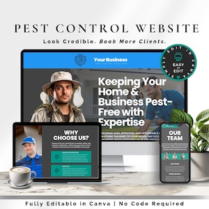 Può includere: Un design di sito web per il controllo dei parassiti visualizzato su un computer desktop, un tablet e uno smartphone. Il design presenta il testo "Pest Control Website" e "Keeping Your Home & Business Pest-Free with Expertise". Completamente modificabile in Canva.