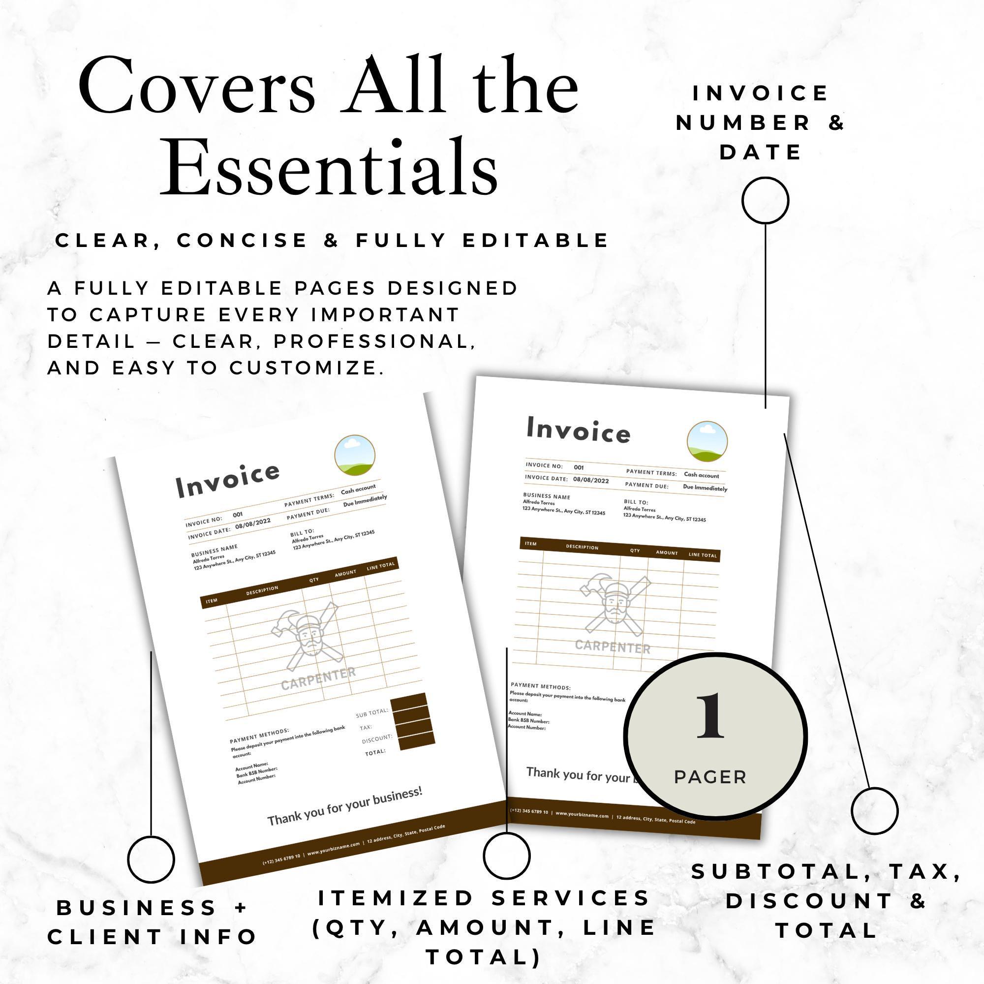 Carpenter Invoice Template, Editable Estimate, Contractor Forms, Job ...