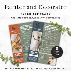 Può includere: Modello di volantino per imbianchino e decoratore, con schemi di colori arancione, verde e blu. Il volantino include testo come "Trasforma il tuo spazio" e "10% di sconto". Il modello è modificabile in Canva e disponibile in formati A4, A5 e US Letter.