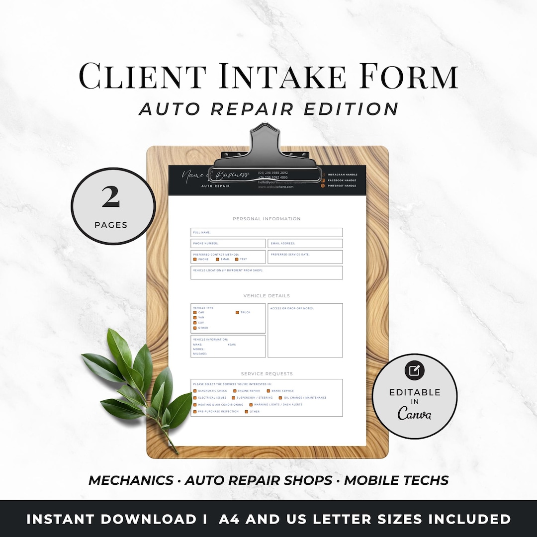 Auto Repair Client Intake Form, Mechanic Job Details & Vehicle Service ...