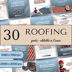 Könnte beinhalten: Eine digitale Sammlung von 30 Social-Media-Beitragsvorlagen zum Thema Dachbau mit Texten wie 30 ROOFING posts - editable in Canva, 1080 x 1350 px und 2000 x 2000 px, die Bilder von Dachziegeln, Bauarbeitern und verschiedenen Texten zeigen.