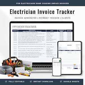 Op de afbeelding: Een digitaal sjabloon voor factuurtracking voor elektriciens, weergegeven op een laptop, tablet en smartphone. Het spreadsheet bevat kolommen voor factuurnummers, artikelbeschrijvingen, klantnamen en datums. Gereedschap is zichtbaar.
