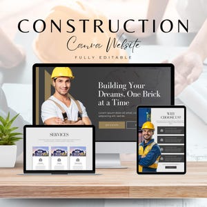 May include: A digital marketing image for a construction website. The image shows a computer, laptop, and tablet displaying website mockups. The text on the image says "CONSTRUCTION Canva Website" and "Building Your Dreams. One Brick at a Time."