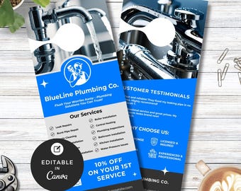 Türhänger-Vorlage für Klempner | Bearbeitbarer Canva-Flyer | Marketingvorlage für Klempnerbetriebe | Werbung für lokale Unternehmen | Sofort-Download