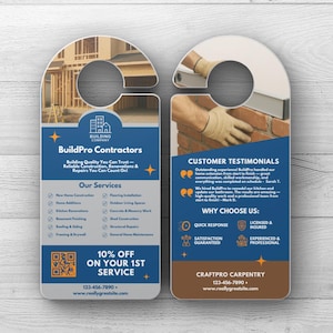 Puede incluir: Un anuncio en un colgador de puerta azul y blanco para BuildPro Contractors, que ofrece servicios de construcción y renovación. Incluye testimonios de clientes y un código QR para un descuento en el primer servicio.