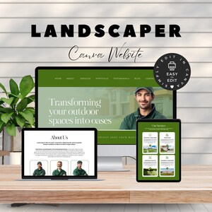 Könnte beinhalten: Ein digitales Mockup einer Landschaftsgärtner-Website auf einem Desktop-Computer, Laptop und Tablet. Die Website hat ein grünes und weißes Farbschema mit dem Text "LANDSCAPER Canva Website". Die Überschrift der Website lautet "Transforming your outdoor spaces into oases".