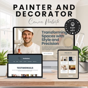 Pode incluir: Maquete digital de um design de site para um pintor e decorador. O design apresenta um homem sorrindo segurando um rolo de pintura, com o texto "Transforming Spaces with Style and Precision."