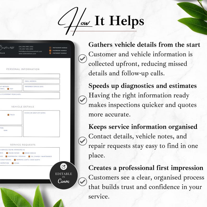Vehicle Intake Form Example Auto Repair Client Intake Form, Mechanic Job Details & Vehicle Service ...