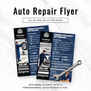 May include: Two auto repair flyers in A4, A5, and US letter sizes featuring blue and black layouts with text about services offered, customer testimonials, and a 10% discount. A silver metal wrench with the number 17 is positioned across the bottom.