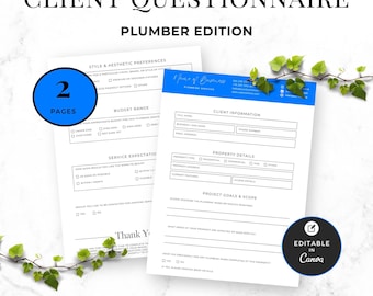 Plumber Client Questionnaire, Custom Form Template for Plumbing Business Services, Plumber Intake, Plumbing Client Consultation