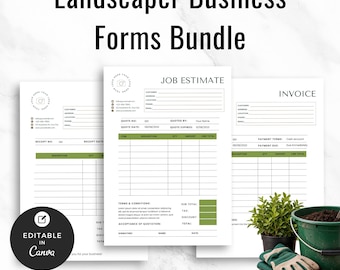 Landscaper Business Form Bundle, Lawn Care Estimate Template, Landscaping Invoice & Receipt, Editable Contractor Forms for Small Business