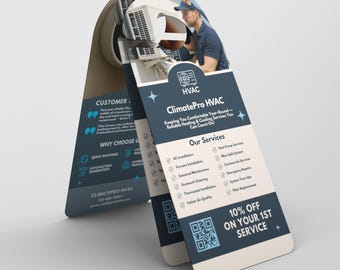 Modèle d'accroche-porte CVC, design modifiable pour supports marketing CVC, brochure de services pour technicien en chauffage et climatisation