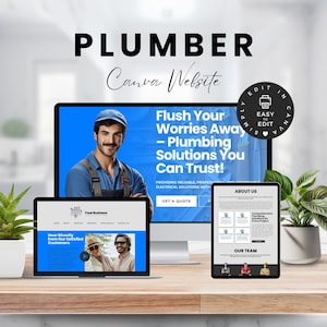May include: A digital template for a plumber website, editable in Canva. The design features a desktop monitor, a laptop, and a tablet displaying web pages with blue accents, text including Flush Your Worries Away, and a circular badge stating Simply Edit In Canva.