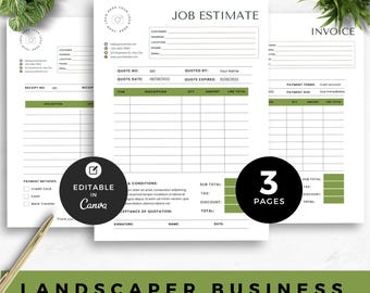 Bundel met bedrijfsformulieren tuinarchitect, sjabloon voor schatting gazononderhoud, factuur en ontvangstbewijs landschapsarchitectuur, bewerkbare formulieren aannemer voor kleine bedrijven